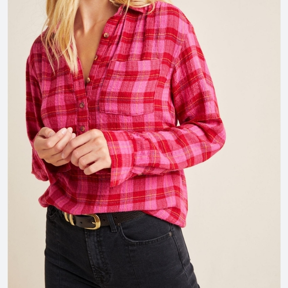 Anthropologie Isadora Pink Check button back tunic, button front, pullover - Picture 1 of 6